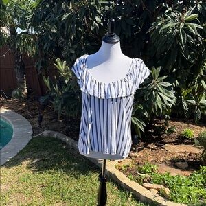 Old Navy White & Navy Striped Ruffle Scoop Neck Blouse